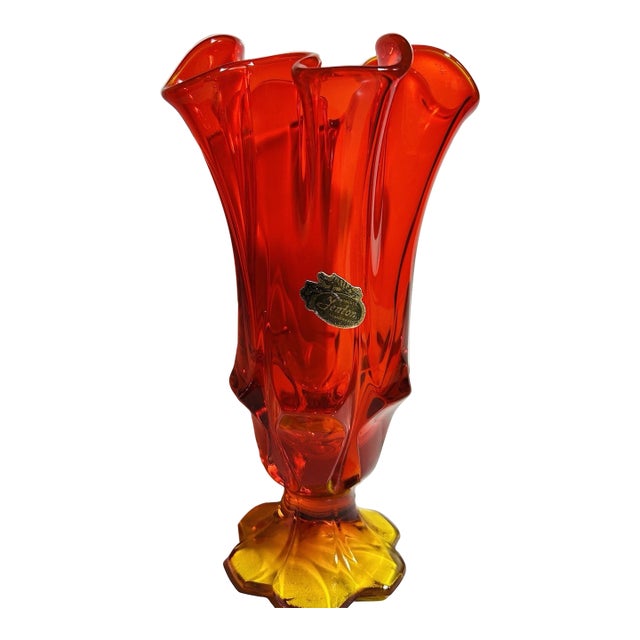 Vintage MCM Fenton Glass Handkerchief Amberina Red Vase For Sale