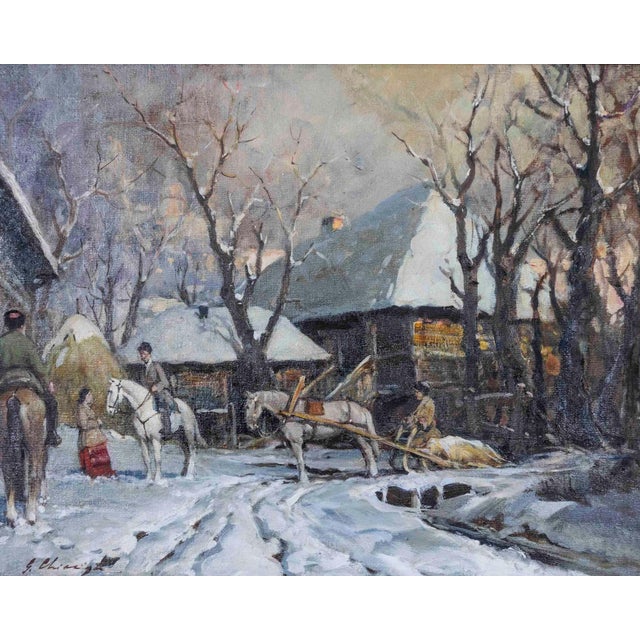 Traditional Mid 20th Century Landscape with Figures and Horses Oil Painting For Sale - Image 3 of 8