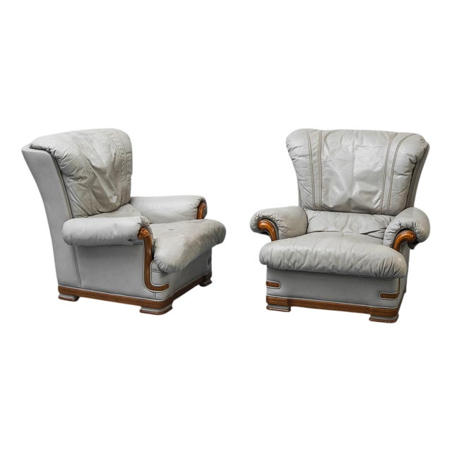 Leather and Wood Chairs, 1950s, Set of 2 For Sale