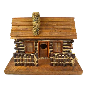 Late 20th Century Handmade Wood and Stone Log Cabin Design Birdhouse