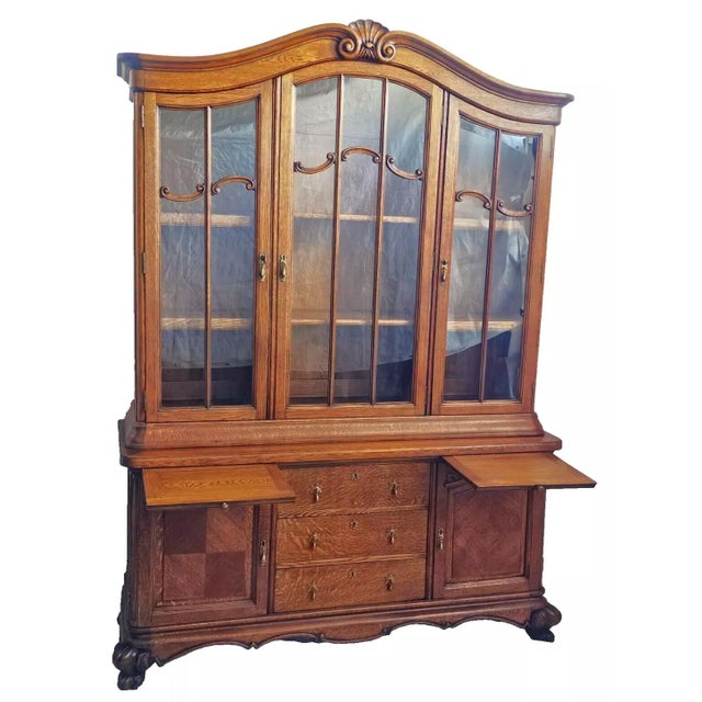 Vintage Country French / Louis XV Oak China Cabinet Hutch – Adjustable Shelves, Carved Details, Quarter Sawn Oak This...