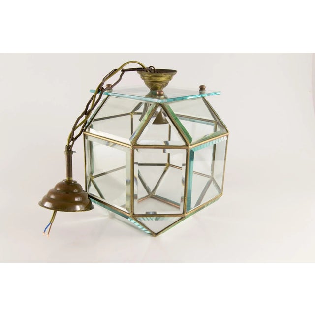 Mid-Century Italian Geometric Beveled Glass & Brass Pendant For Sale - Image 9 of 18