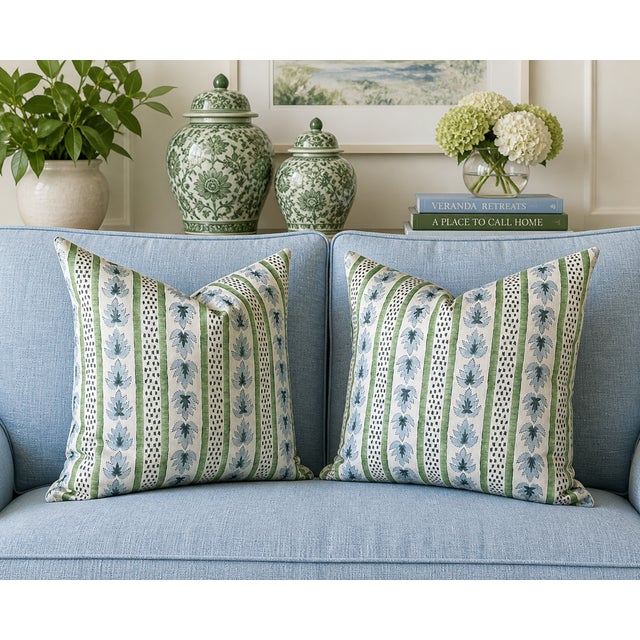 Modern One Pair of James Stripe Down and Feather Denim Blue and Green Print Kravet White Denium Back For Sale - Image 3 of 4