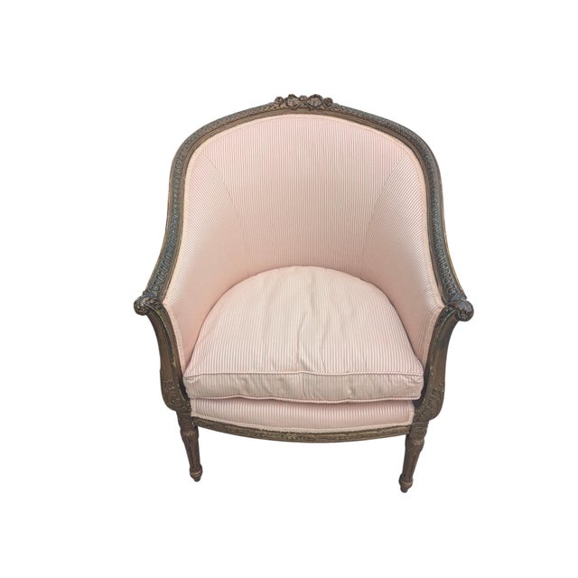 Wood Late 19th Century Bergere Tub Chair With Light Pink Ticking Stripe Upholstery For Sale - Image 7 of 17