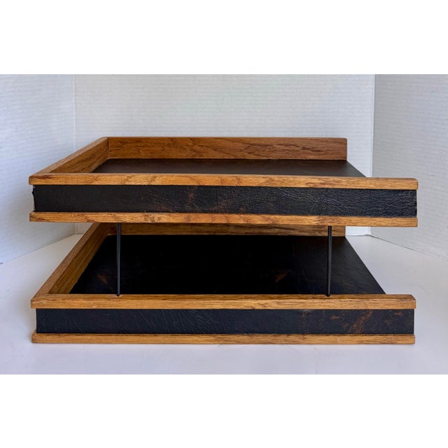 Wood 1960s Mid-Century Modern Oak & Black Leatherette Two-Tier Desk Organizer / Letter Tray For Sale - Image 7 of 12