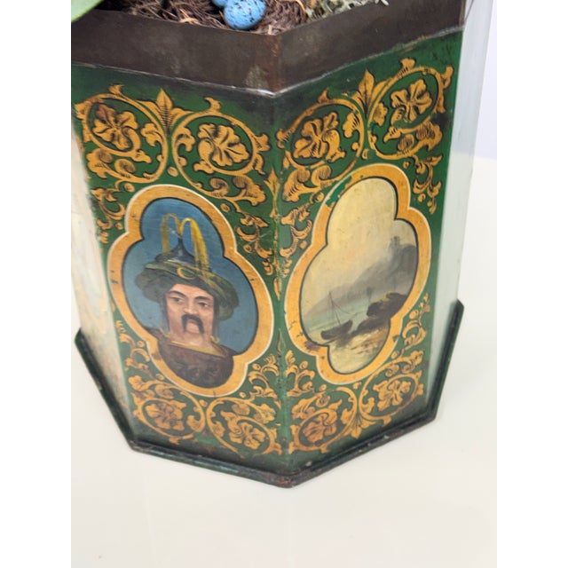 Industrial Savage London Painted Tole Canister + Faux Orchid Arrangement, 19th-Century For Sale - Image 3 of 12