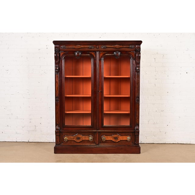 Herter Brothers Style Antique Eastlake Victorian Carved Mahogany and Burl Wood Bookcase Cabinet, Circa 1880s For Sale - Image 14 of 14