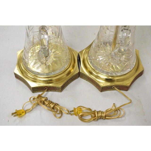 Mid 20th Century Art Nouveau Brass & Cut Glass Water Pitcher Form Table Lamps - A Pair For Sale - Image 10 of 12