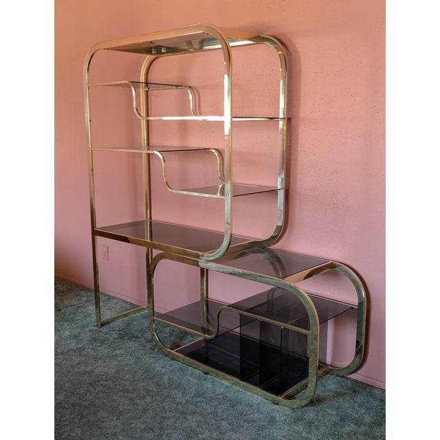 Mid-Century Modern Deco Brass & Smoked Glass Adjustable Display Shelf/Etagere, C1980s For Sale - Image 3 of 10