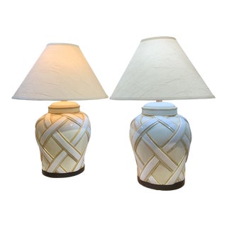 French Country Ceramic Basket Weave Lamps by Chapman - a Pair For Sale