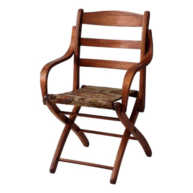 Antique Oak Campaign Folding Chair For Sale