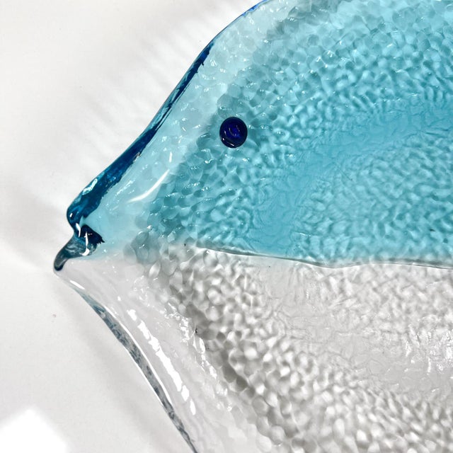 Vintage Modern Fish Plate Textured Blue Art Glass Serving Dish For Sale - Image 4 of 9