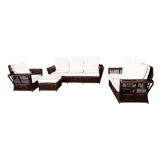 1930s Art Deco Presidents Nantucket Stick Walnut Finished Reed Rattan Livingroom Set, 4 Pieces For Sale