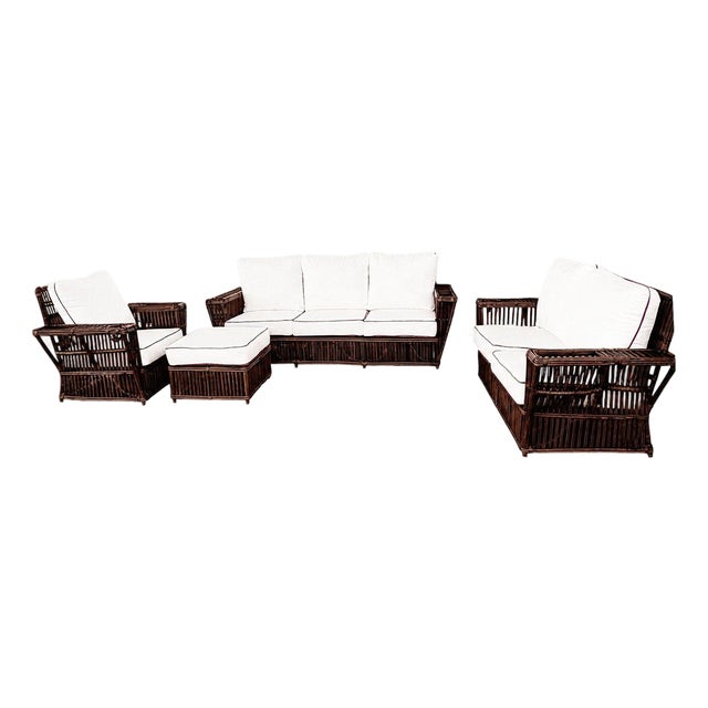 1930s Art Deco Presidents Nantucket Stick Walnut Finished Reed Rattan Livingroom Set, 4 Pieces For Sale