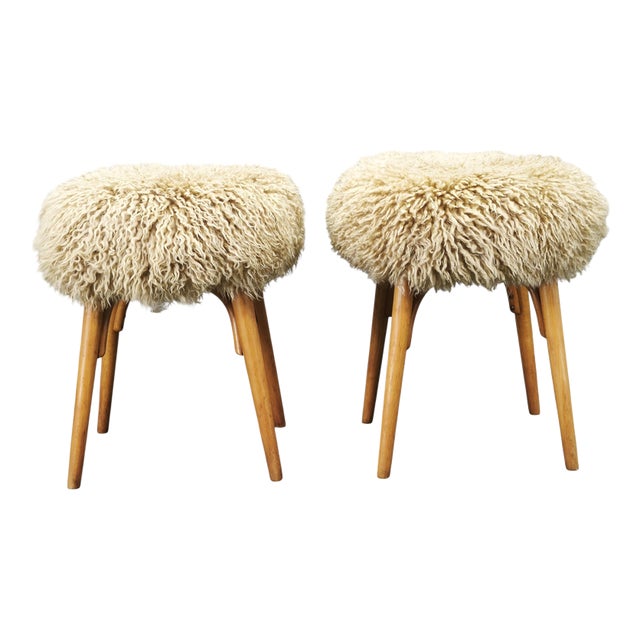 Mid-Century Sheepskin and Beechwood Stools, 1950s, Set of 2 For Sale