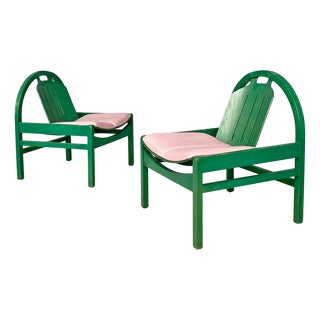 French Modern Argos Armchair in Pink Leather and Green Wood by Baumann, 1970s For Sale