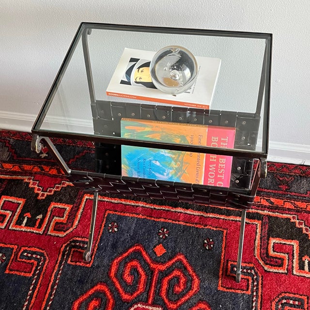 1980s Side Table /Magazine Rack Woven Faux Leather Glass Top For Sale In West Palm - Image 6 of 9