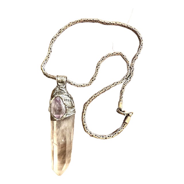 Sterling Silver Vintage Quartz and Amethyst Pendant Necklace For Sale
