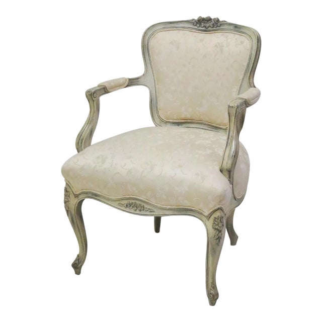 Louis XVI Style Distressed Cream Painted Fauteuil For Sale