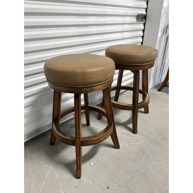 Pair of Swivel Bar Stools With Beige Leather Seats by Mikhail Darafeev, 20th Century