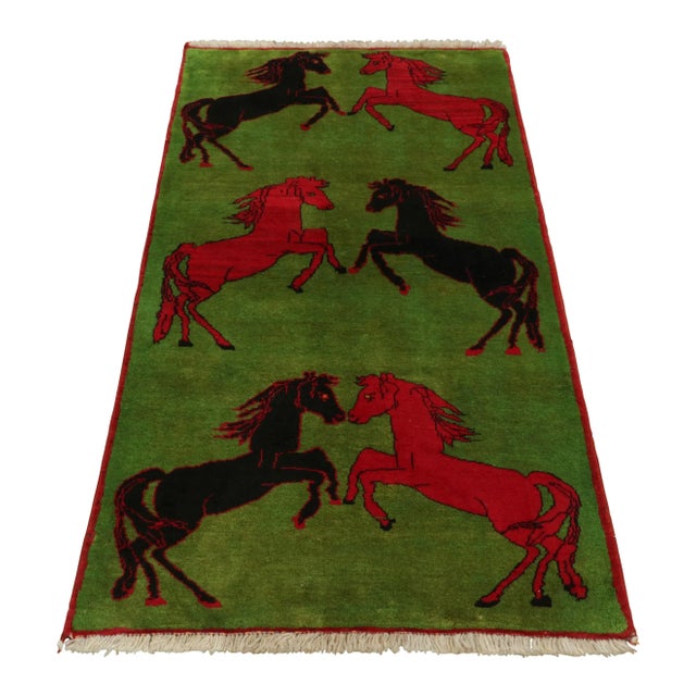 Tribal Vintage Afghan Rug, Green With Red and Black Horse Pictorials - Rug & Kilim For Sale - Image 3 of 9