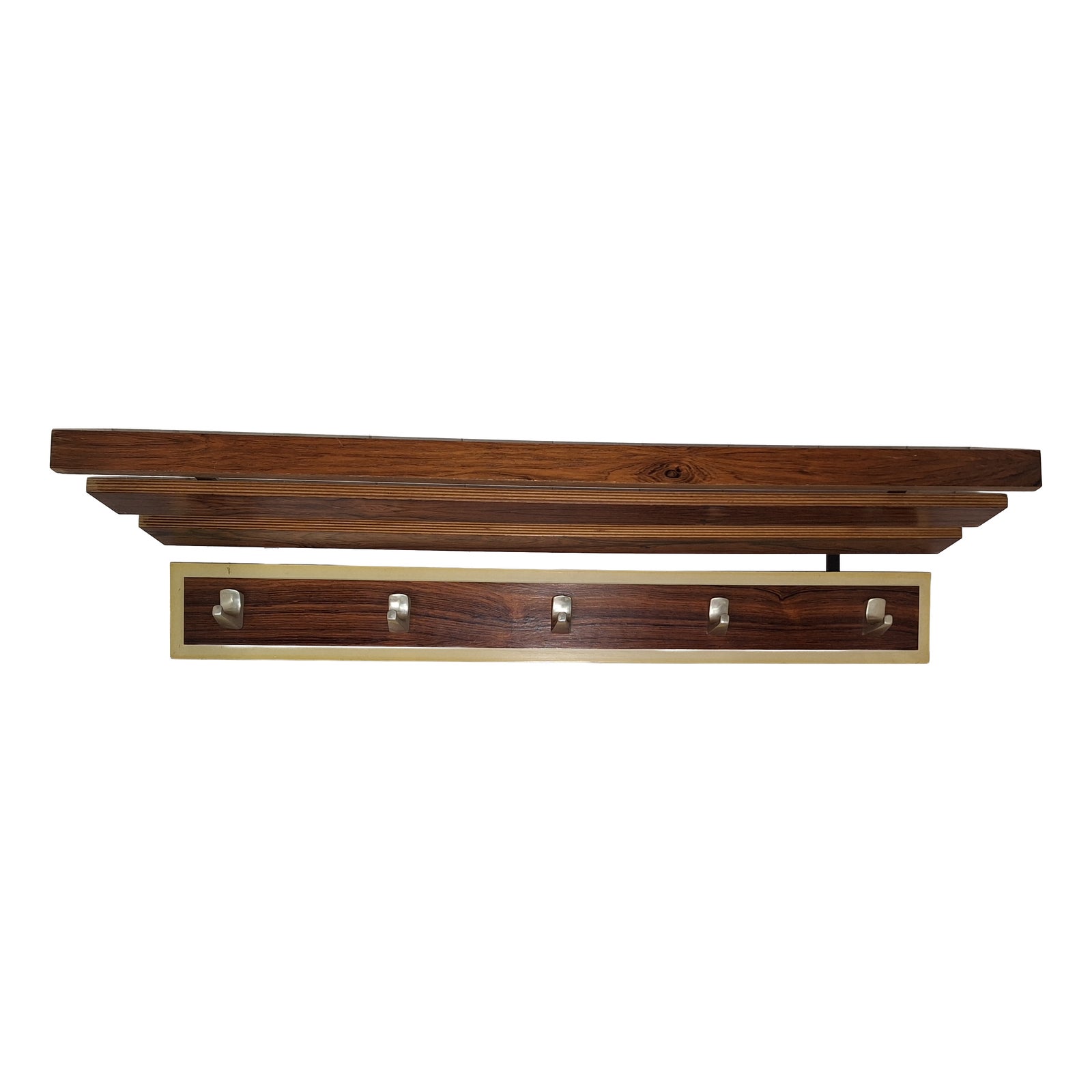 Vintage Wall-Mounted Coat Rack with Teak Wood Struts and Aluminum Hooks ...