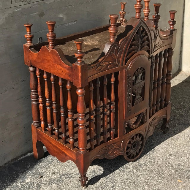 Antique French carved walnut Panetiere, of typical form with finial crown top, and working key. Better than most, fresh...