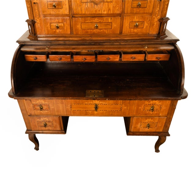 Antique Austrian Baroque Biedermeier Marquetry Roll Top Tabernacle Cabinet Desk Circa 1820 For Sale - Image 9 of 12