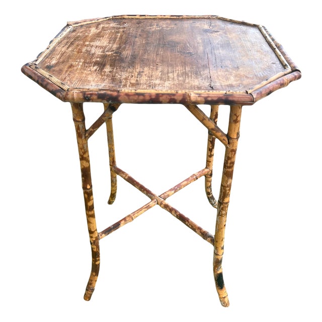 Late 19th Century Victorian Era Tiger Bamboo Wabi Sabi Naturally Distressed Octoganal Side Table For Sale