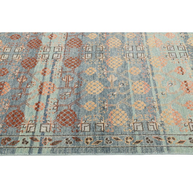 Teal Modern Khotan Style Hand-Knotted Wool Area Rug Teal, Rust & Ochre Vintage Motif For Sale - Image 8 of 9