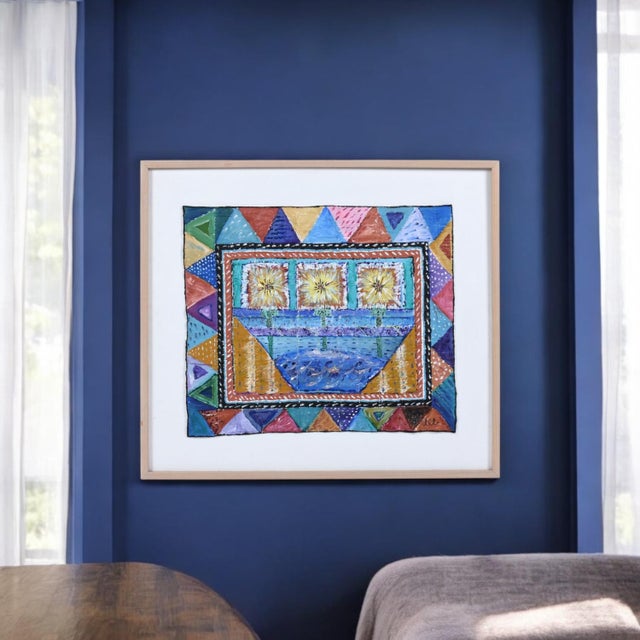 Wood Contemporary Painted Quilted Textile Art on Canvas in Cerused Frame For Sale - Image 7 of 12
