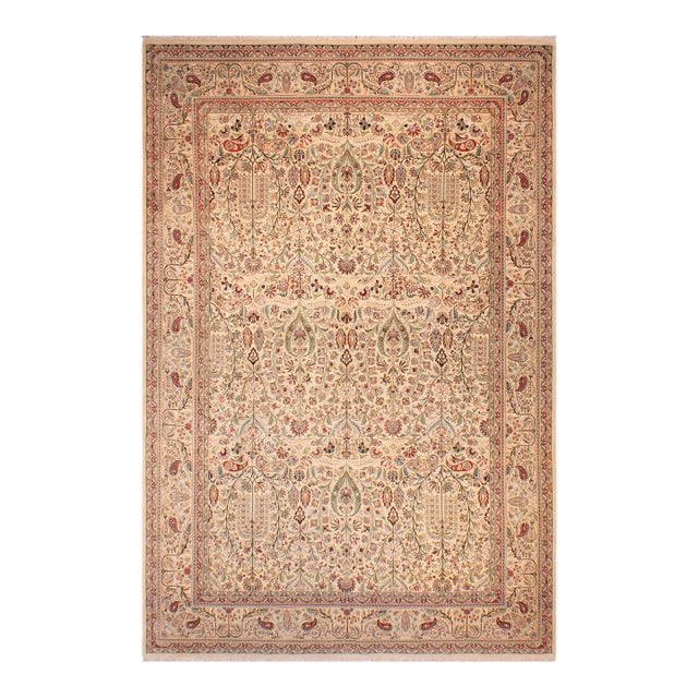 Shabby Chic 1990's Pak-Persian Ivory/Green Wool Rug - 9'4'' X 13'6'' For Sale