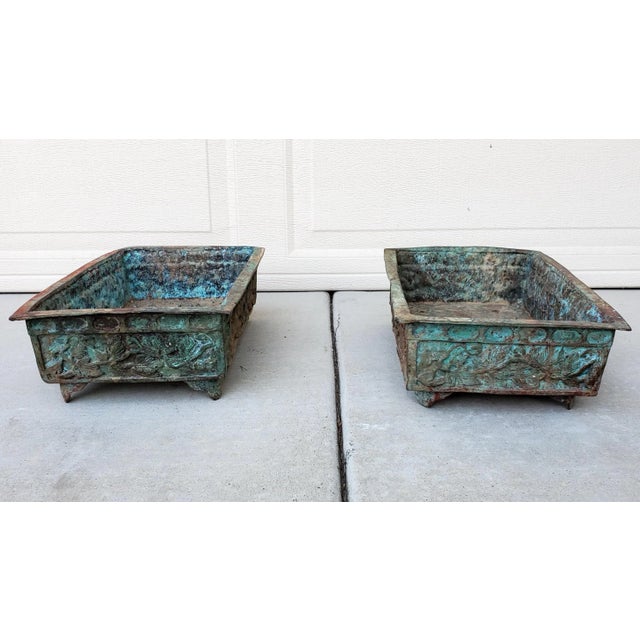 Verdigris Pair of Antique Japanese Iron Relief Rectangular Verdigris Footed Bonsai Planters For Sale - Image 8 of 12