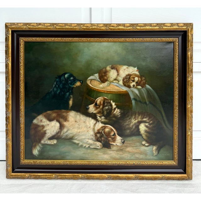1890–1910 British Oil Painting of Resting Spaniels in a Domestic Interior, Signed Holtham For Sale In Los Angeles - Image 6 of 10