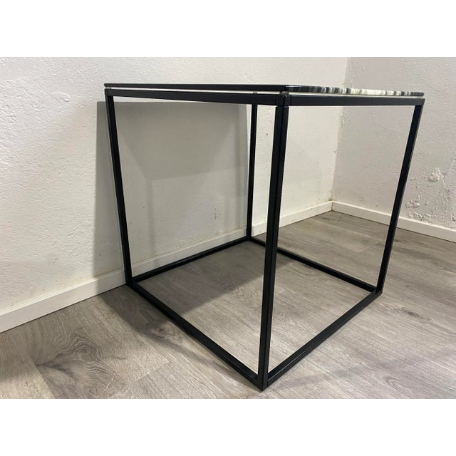 2010s Modern Glass Topped Table Striped Black,White, and Gray on Open Steel Base, Attributed to Modjulez For Sale - Image 5 of 11