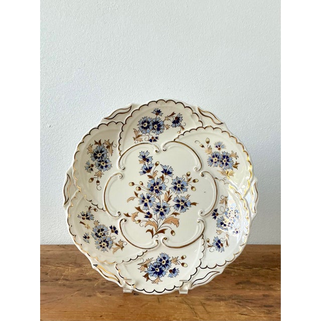 Mid 20th Century Vintage Hungarian Gilt Tipped Floral Ceramic Serving Plate For Sale - Image 5 of 11