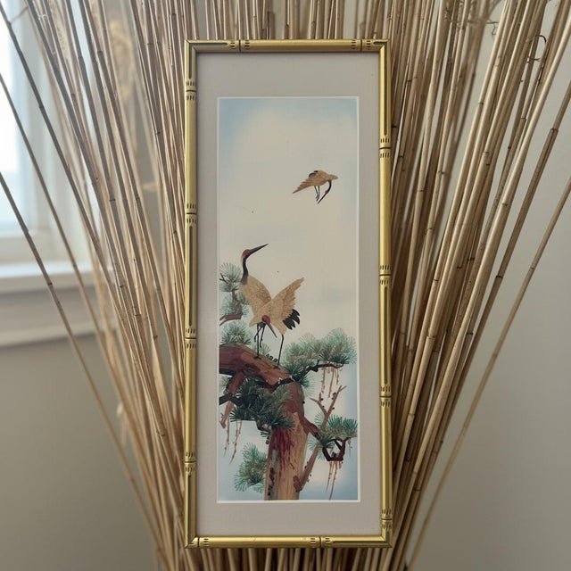 Textile Mid Century Japanese Crane Fiber Art Wall Panel-Framed-Textural Natural Collage For Sale - Image 7 of 10