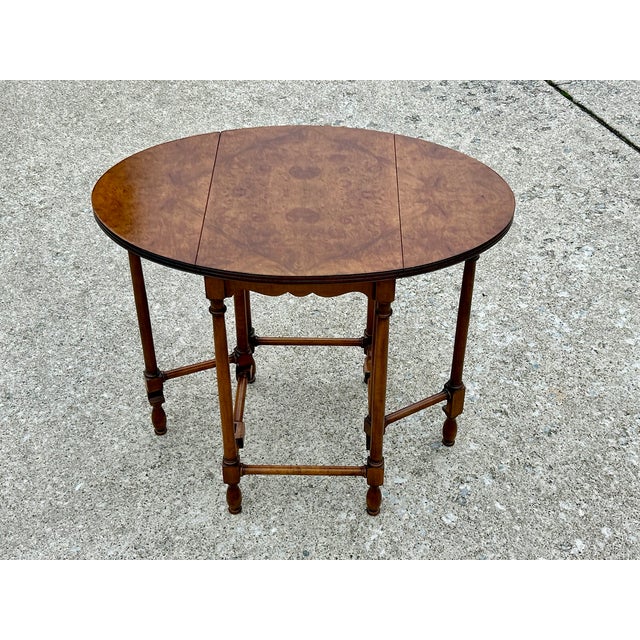 Brown Vintage Baker Furniture Attributed Gate Leg Drop Leaf Side Table, Burled Walnut For Sale - Image 8 of 10