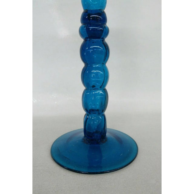 Spindle Pillar Blue Glass Tall Single Candle Stick Holder with Wavy Rim For Sale - Image 4 of 11