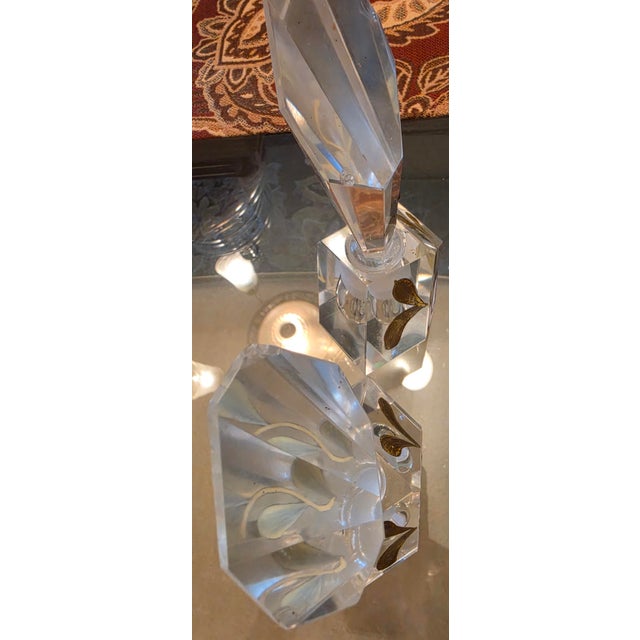 Mid-Century Pair Beautiful Large Cut Clear Crystal Prism Perfume Bottle Etched Gold Floral For Sale - Image 4 of 8