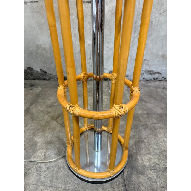 Wood Vintage Bamboo Rattan Floor Lamp Chrome Cage Column Organic Modern Boho For Sale - Image 7 of 8