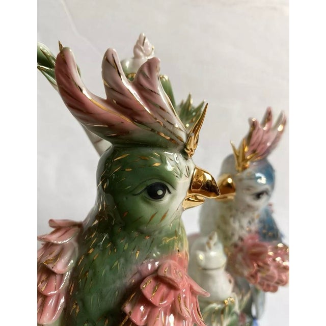Cornflower Blue Vintage Asian Figurine Composition Ceramic Porcelain Birds/Parrots For Sale - Image 8 of 12