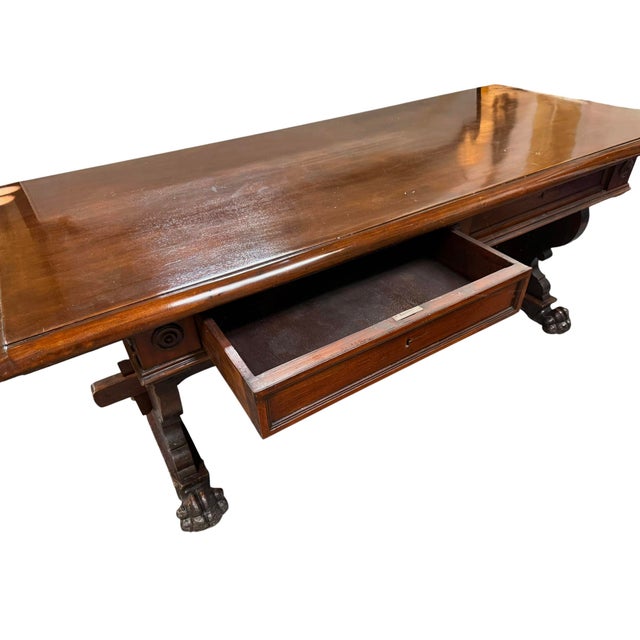 Wood Antique Italian Carved Walnut Trestle Library Dining or Writing Table - Paw Feet For Sale - Image 7 of 15