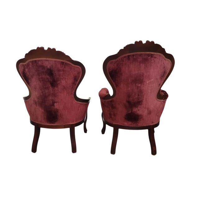 Superb pair of red velvet Kimball Furniture Reproductions Victorian style his and hers Quueen and King armchairs, both in...