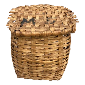 Late 19th Century Early American Splint Oak Gathering Basket With Lid Initialed