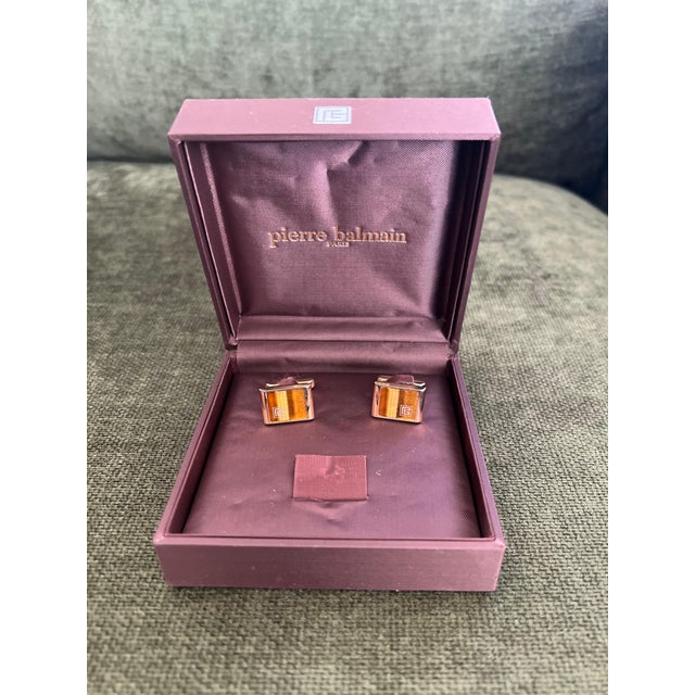 Late 20th Century Vintage Balmain "Circa 1980s" Tiger Eye Cufflinks Original Purple Satin Case For Sale - Image 5 of 18