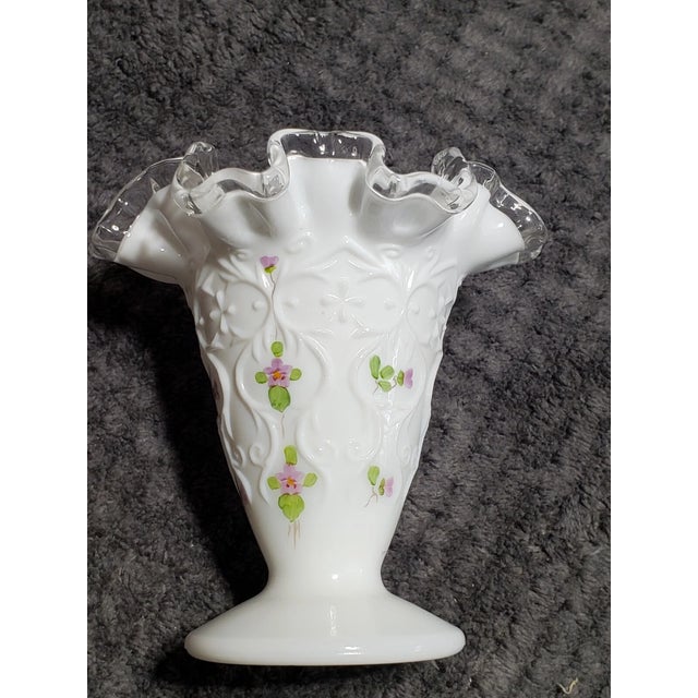 Fenton Art Glass Company Vintage Fenton Milk Glass Silver Crest Vintage Trumpet Vase For Sale - Image 4 of 4