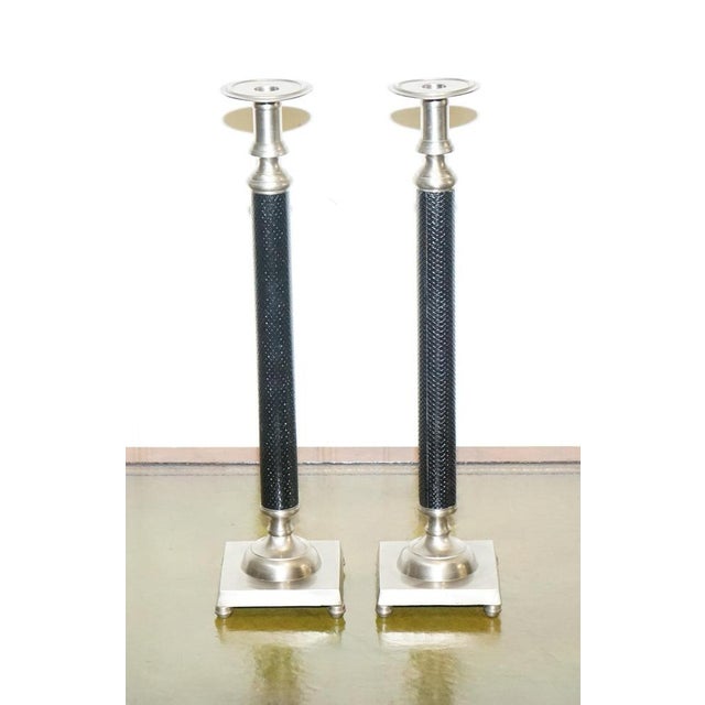 Pair Of Silver Stainless Steel & Black Ralph Lauren Style Candle Holders. Measurements Height - 55cm Width - 13.5 cm Depth...