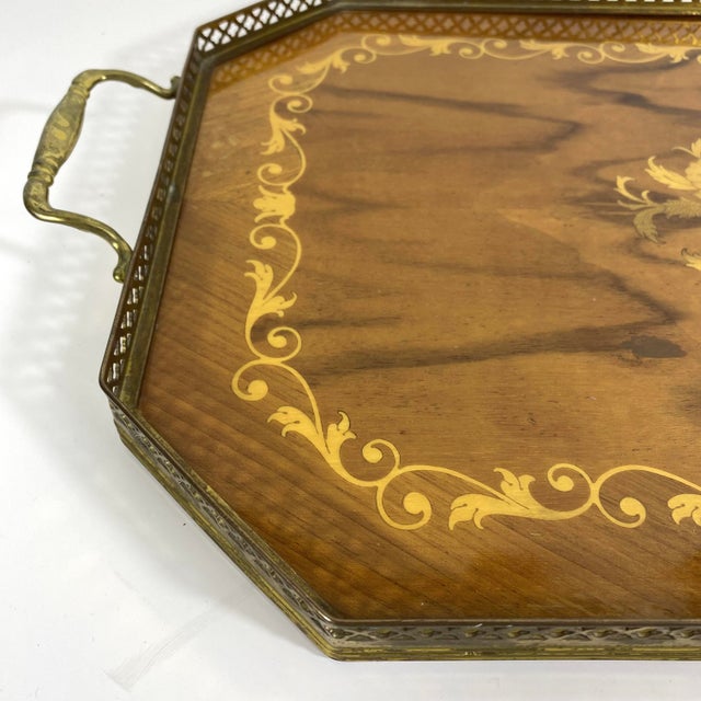 French Vintage Italian Wood Marquetry Tray Sorrento Inlaid Brass Edge Handles For Sale - Image 3 of 12