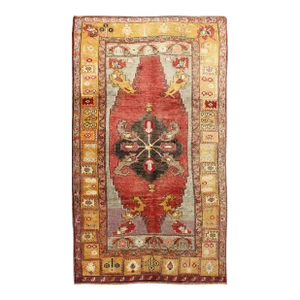 Turkish Antique Tribal Diamond Medallion Oushak Area Rug in Red and Gold 4'8"x8'7"